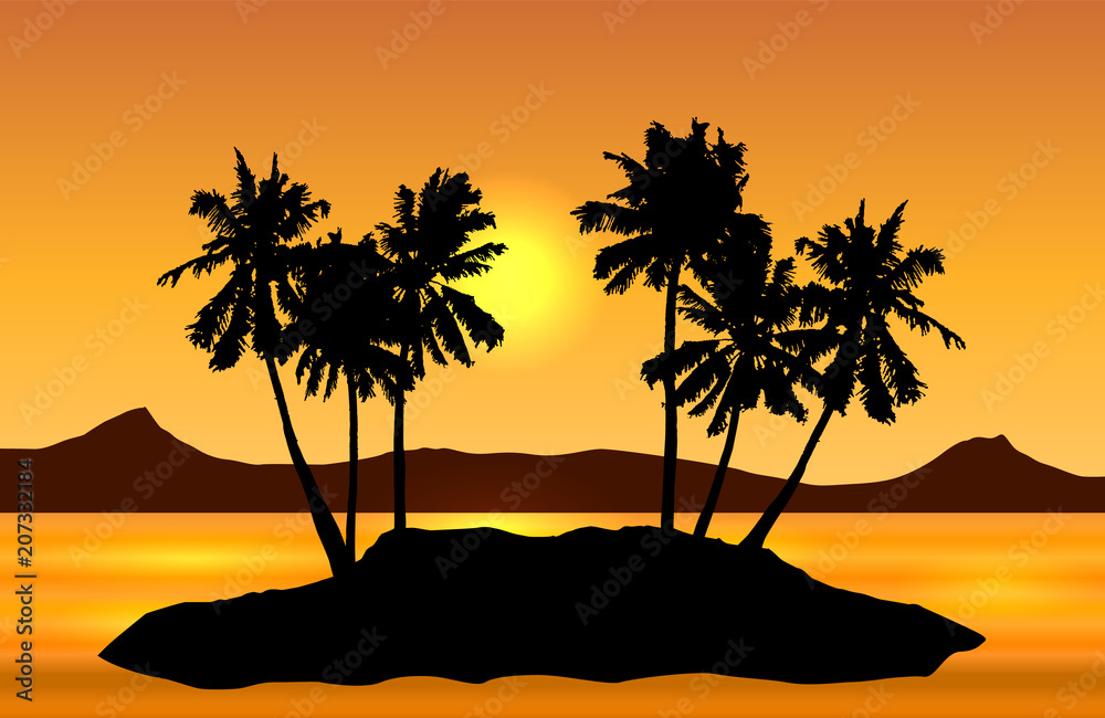 Tropical island landscape vector with palms and yellow sun on orange shaded sky.