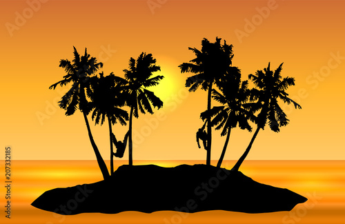 Tropical island landscape vector with monkeys on palms and yellow sun on orange shaded sky.