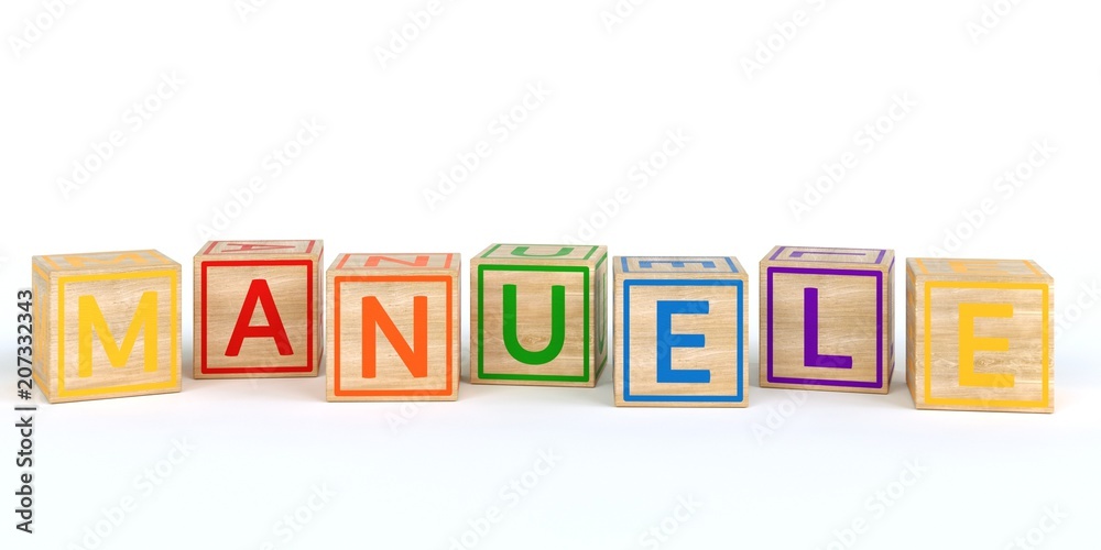 The name manuele written with Isolated wooden toy cubes The name manuele written with Isolated wooden toy cubes