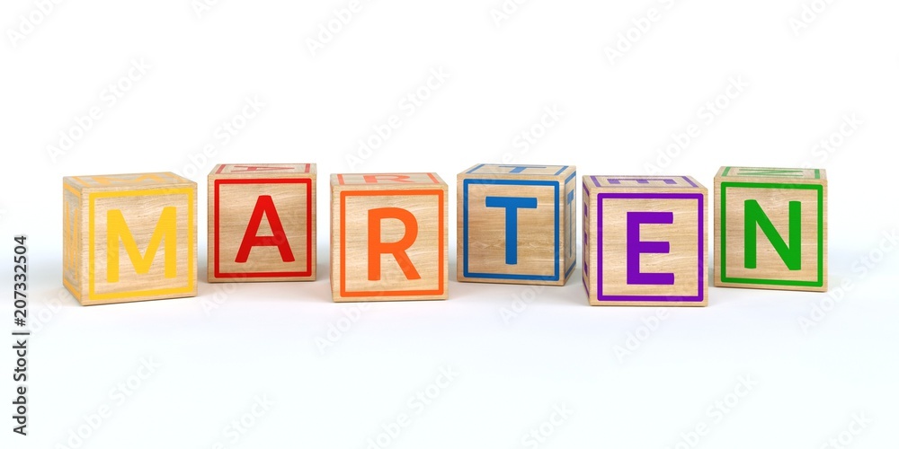 The name marten written with Isolated wooden toy cubes The name marten written with Isolated wooden toy cubes