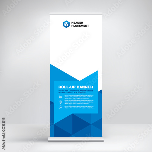 Roll-up, advertising banner template, stand for presentations, exhibitions, promotional products, conferences, seminars, photo placement, text, stylish geometric blue background