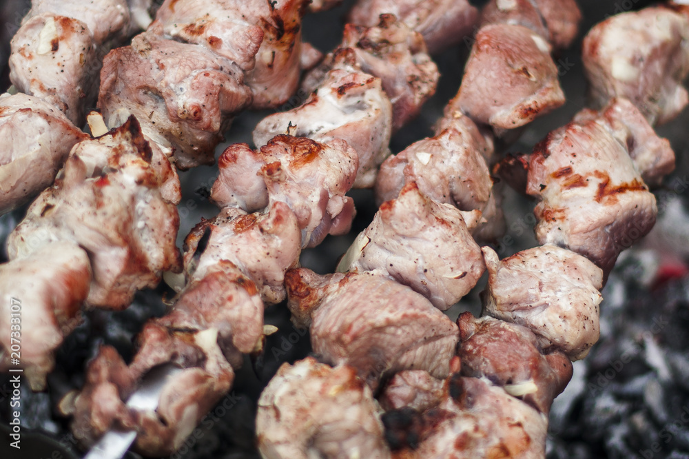 Traditional shish kebab on hot coals