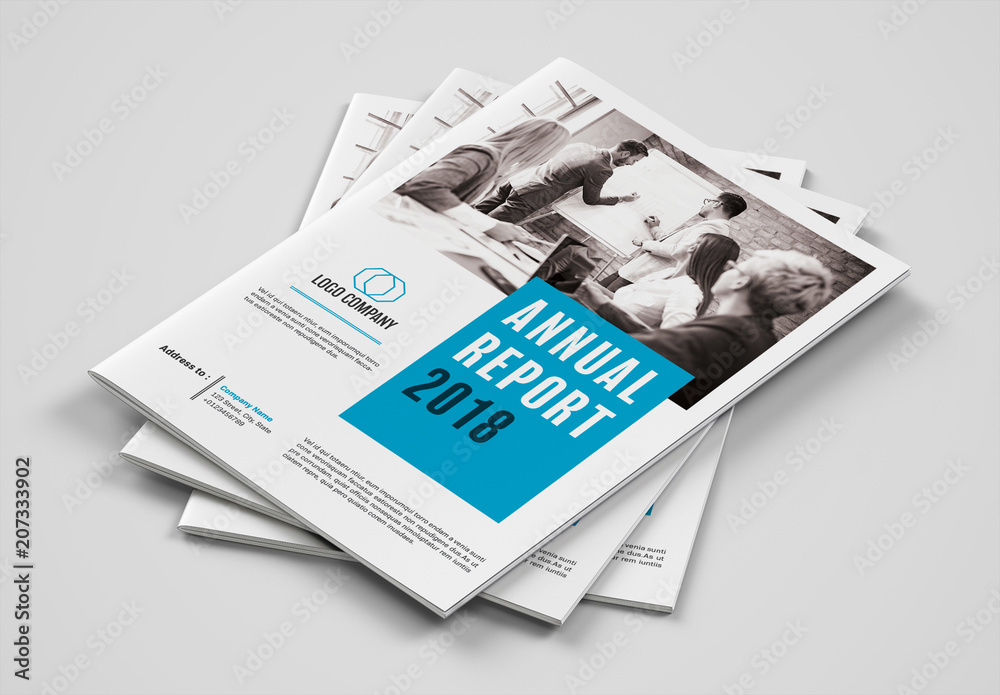Annual Report Layout with Blue Accents Stock Template | Adobe Stock