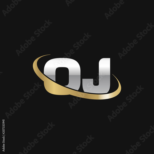 Initial letter OJ, overlapping swoosh ring logo, silver gold color on black background