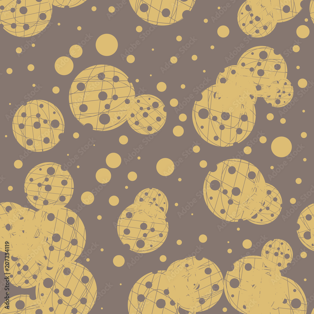 Messy gold on brown holey grunge dot seamless pattern. Randomly dotted background. Infinity geometric pattern with round shapes. Texture with checkered circles. Dotted texture. Vector illustration. Messy gold on brown holey grunge dot seamless pattern. Randomly dotted background. Infinity geometric pattern with round shapes. Texture with checkered circles. Dotted texture. Vector illustration.