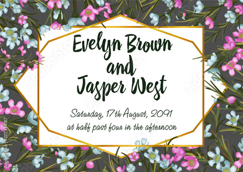 Waxflower Wedding Invitation Card Template Floral Bridal Bouquet with  pink and blue flowers, vector illustration in rustic watercolor
