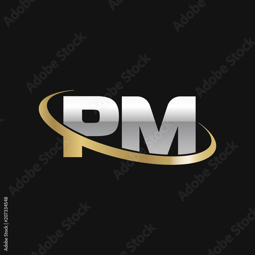 Initial letter PM, overlapping swoosh ring logo, silver gold color on black background