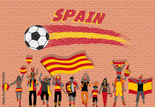 Spanish football fans cheering with Spain flag colors in front of soccer ball graffiti