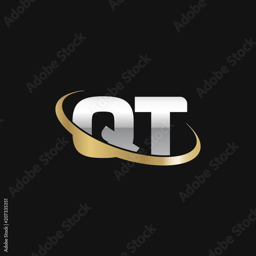 Initial letter QT, overlapping swoosh ring logo, silver gold color on black background