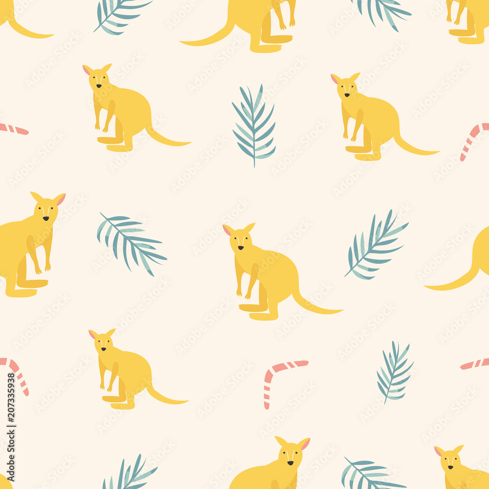 Fototapeta premium Seamless pattern with kangaroos and leaves
