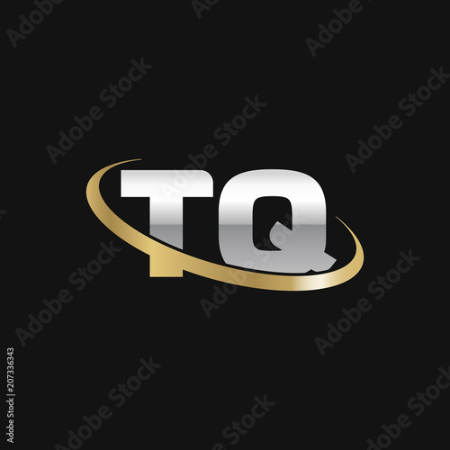 Initial letter TQ, overlapping swoosh ring logo, silver gold color on black background