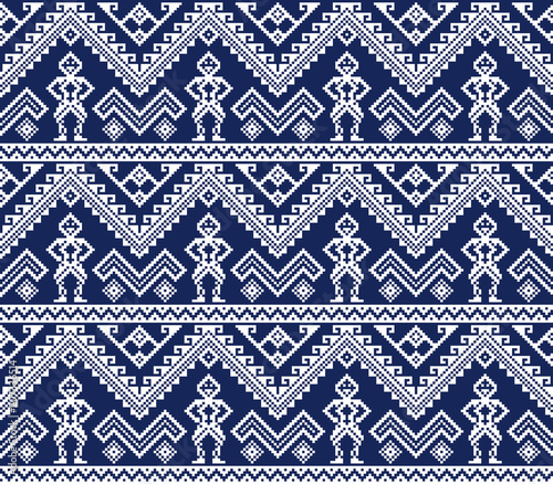 Seamless geometric ethnic pattern. Navy blue and white colors. Philippine style. 