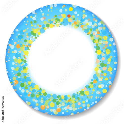 PrintRound border, label with multicolor bubbles on blue ring.
