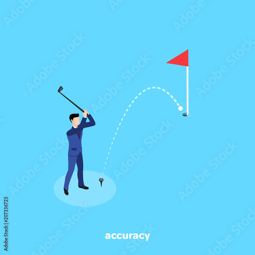 a man in a business suit with a golf club clogs a twisted ball into the goal, an isometric image