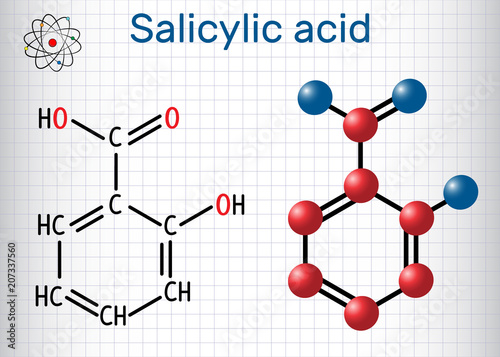Salicylic acid molecule. It is a type of phenolic acid. Structural chemical formula and molecule model. Sheet of paper in a cage