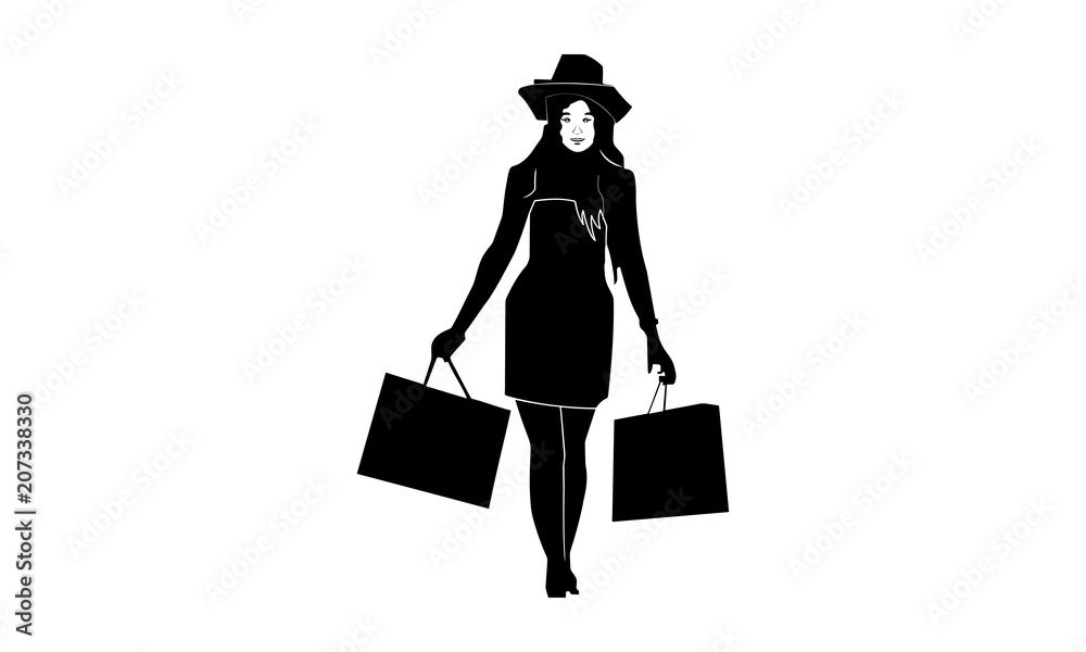 silhouette of a beautiful woman in a hat walking carrying a shopping bag
