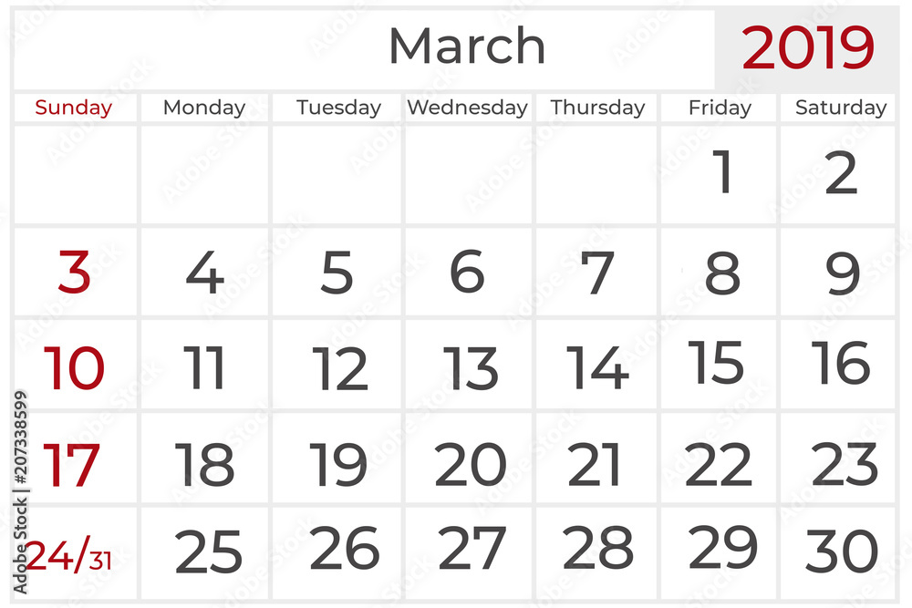 calendar for the year 2019, March calendar for the year 2019, March