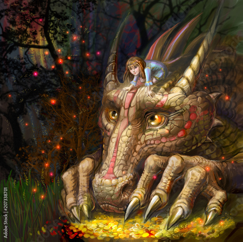 dragon with the little girl on the mountain of treasures