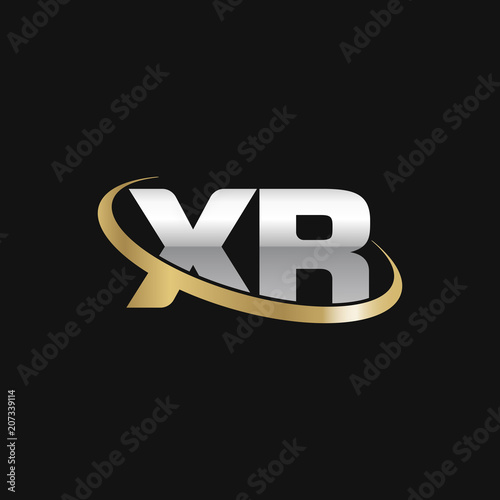 Initial letter XR, overlapping swoosh ring logo, silver gold color on black background