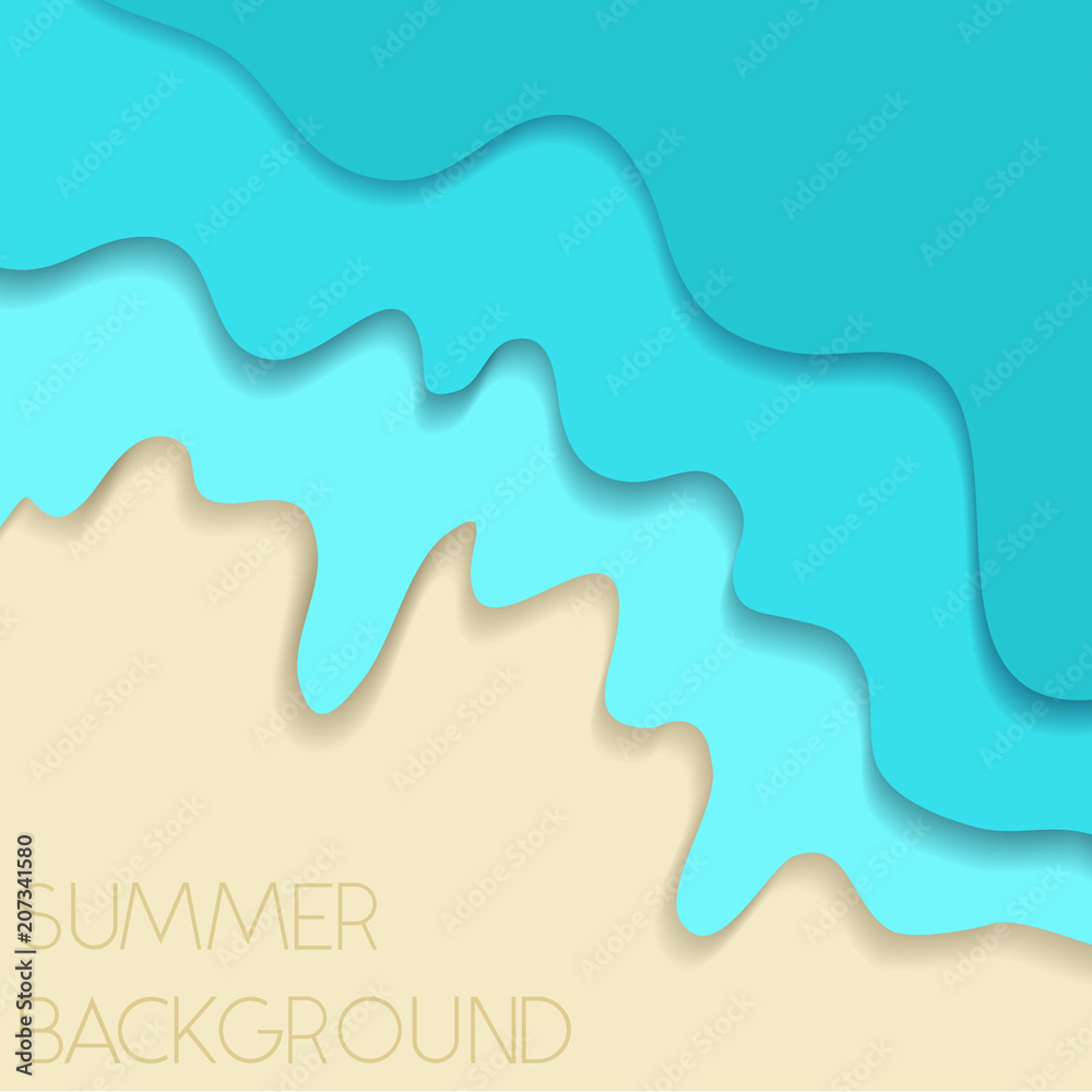 Bright vector wavy blue water and yellow beach background in paper cut style. Cute square cutout summer wallpaper for tropical travel advertisement, travel banner design