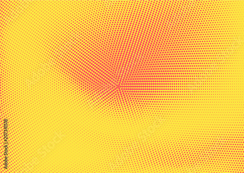 Abstract orange and yellow radial dotted gradient background. Bright warm sunny pop art texture for wallpaper, banner or presentation design