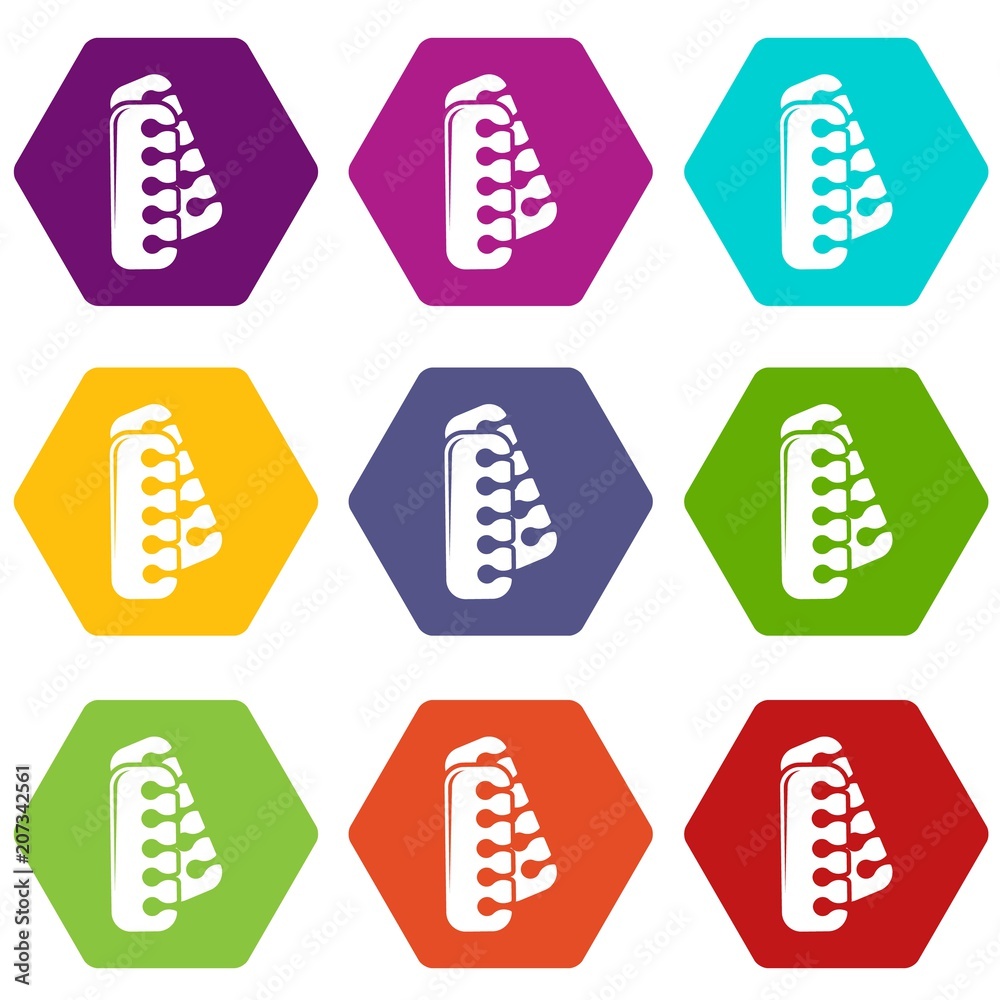 Nail foot tool separator icons 9 set coloful isolated on white for web Nail foot tool separator icons 9 set coloful isolated on white for web