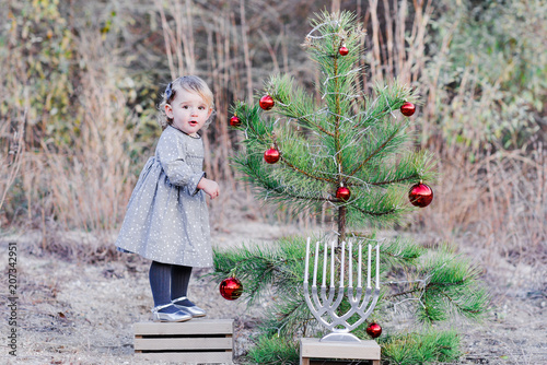 Blonde white toddler girl standing on a wood box wearing a grey dress and grey leggings looking at the camera next to a tree with red decorations and a menorah. photo