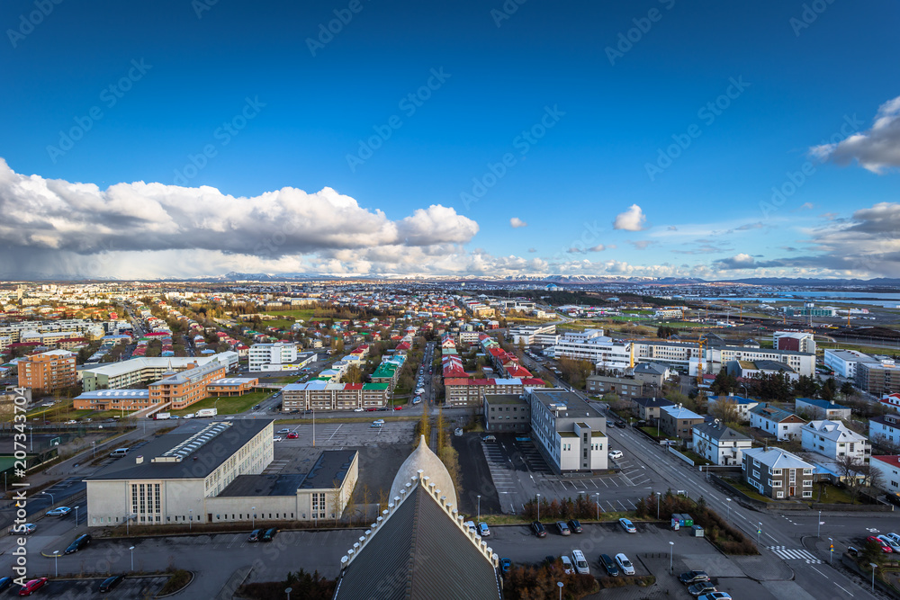 Reykjavik - May 01, 2018: Panoramic view of Reykjavik from the Hallgrimskirkja church, Iceland