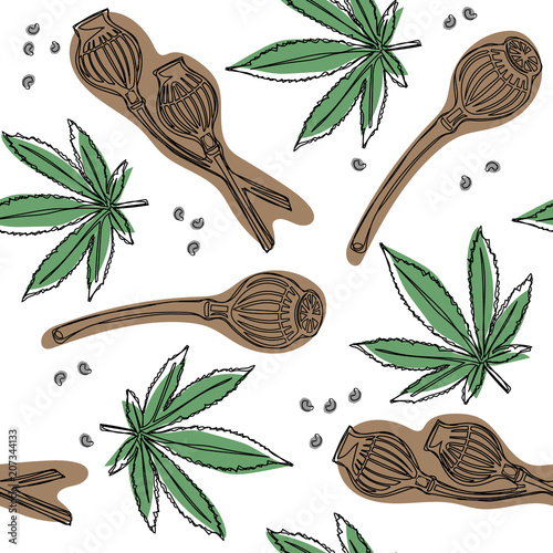 Wild cannabis plant with poppy. Seamless pattern isolated on a white background.