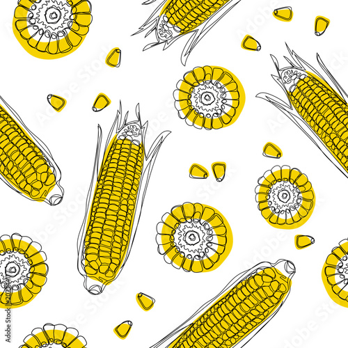 Corn color seamless pattern. Hand drawn vector seamless pattern in doodle style. Continuous line drawing.