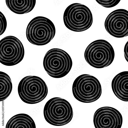 Licorice wheels candies seamless pattern. Candy flavored licorice. Hand drawn vector seamless pattern in doodle style. Continuous line drawing.