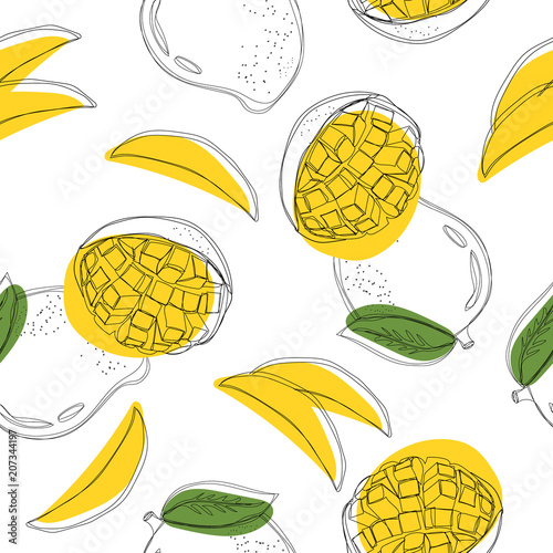 Mango seamless pattern. Continuous line hand drawn vector illustration.