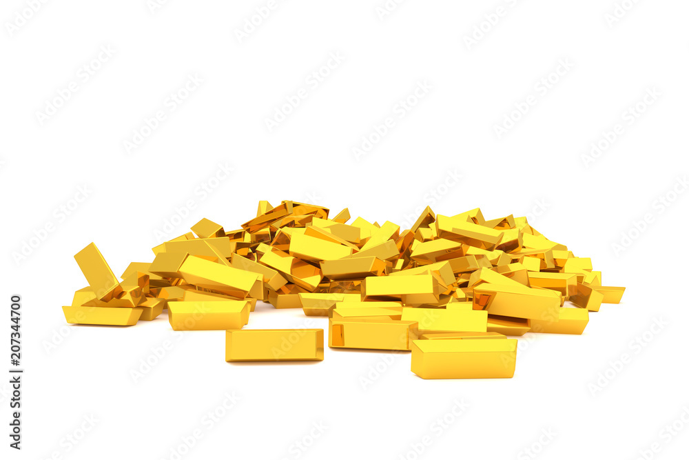 Bunch or pile of gold bars or brick, modern style background or texture. Floating, rendering, concept & template.