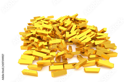 Bunch or pile of gold bars or brick, modern style background or texture. Rendering, art, business & shape.