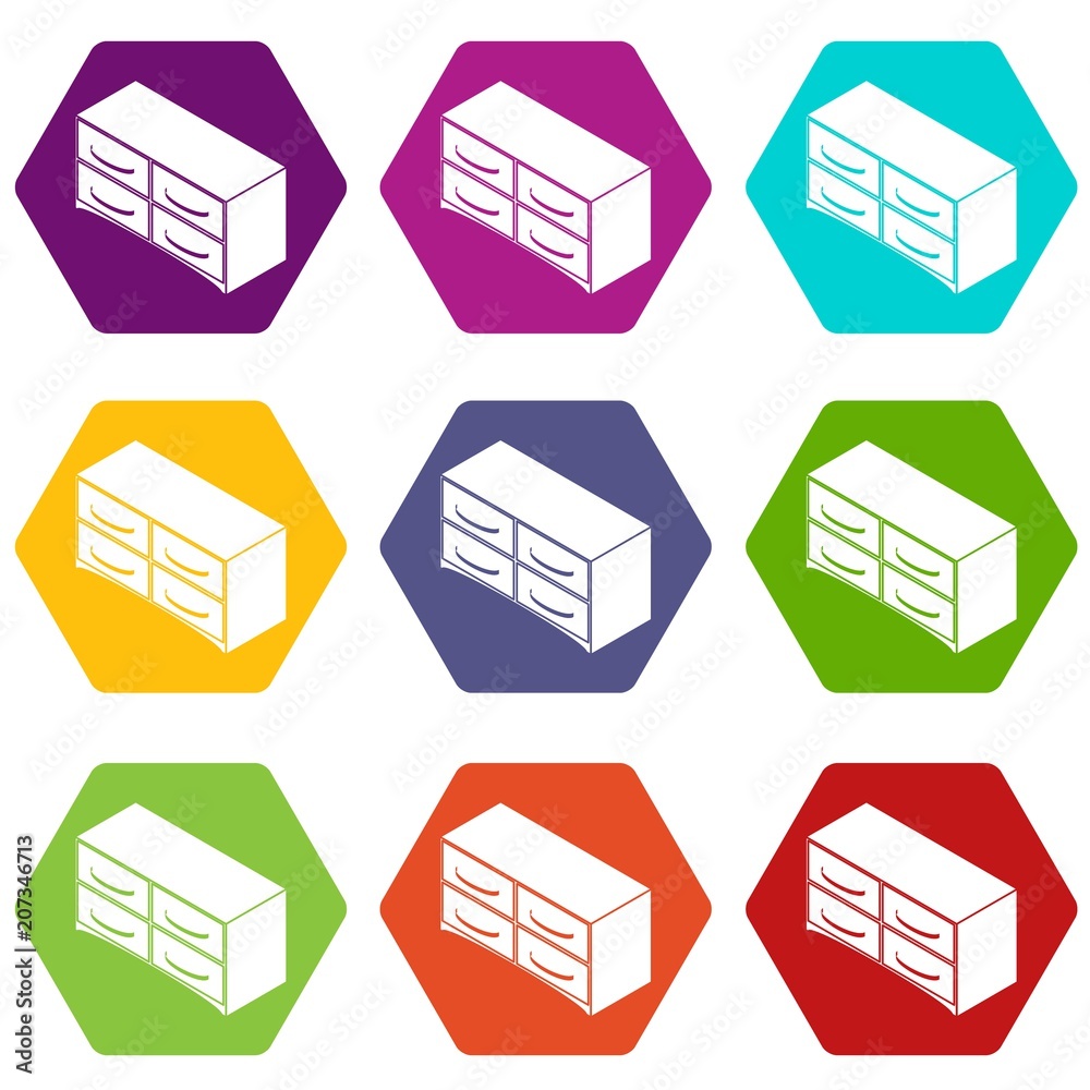Chest of drawers icons 9 set coloful isolated on white for web Chest of drawers icons 9 set coloful isolated on white for web