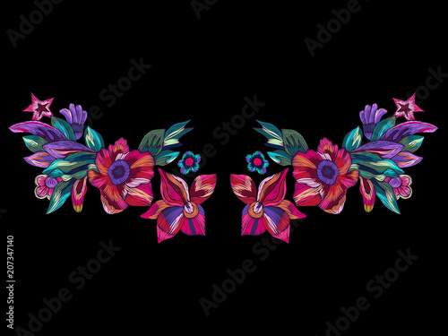 Embroidery neckline pattern with modern bright flowers. Vector embroidered floral patch for clothing design.