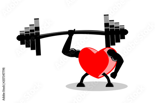 Healthy red heart showing muscles and strength by lifting heavy barbell with one hand. Vector illustration, EPS10. Use as icon, visual content, etc. in exercise make heart stronger concept.