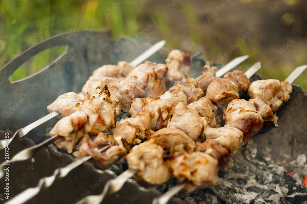 Traditional shish kebab on hot coals