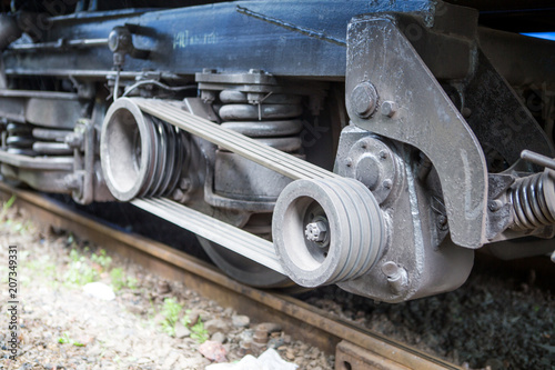 wheels of the railway car. Wheelbase of the train car close-up
