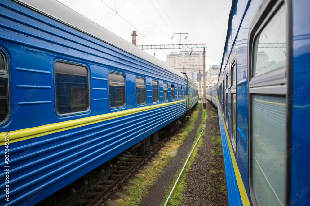 Classical cars of passenger train from outside. Many passenger cars