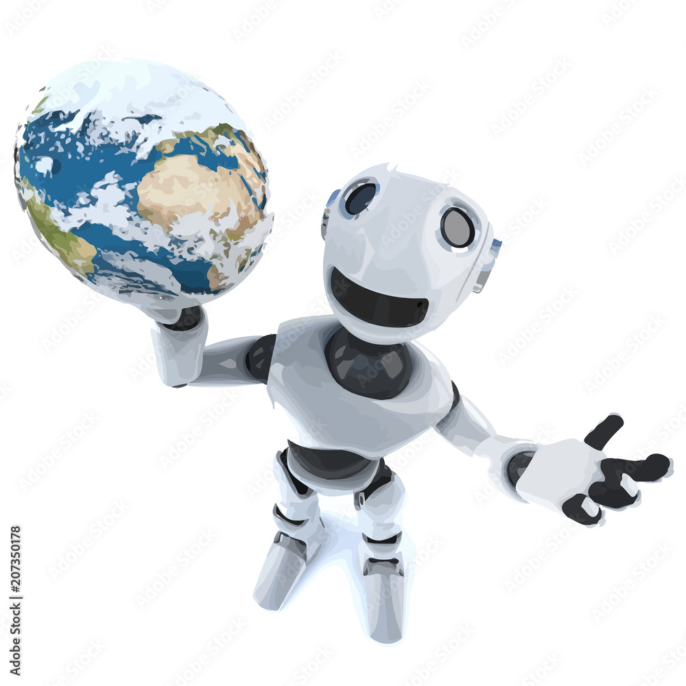 Vector 3d Cool robot mechanical man holding a globe of the world Vector 3d Cool robot mechanical man holding a globe of the world