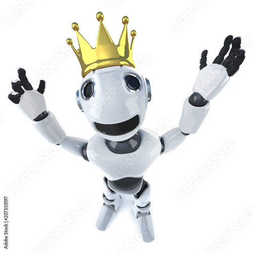 Vector 3d Funny cartoon robot character wearing a royal gold crown of success