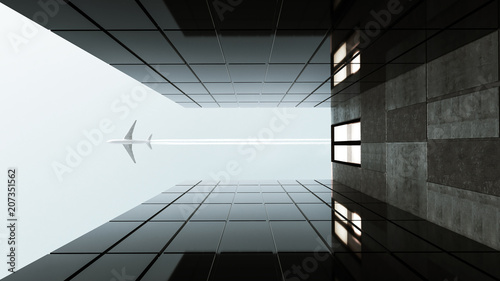 Fototapeta Naklejka Na Ścianę i Meble -  Plane flying over generic modern glass and concrete office buildings . Concepts of finances and economics background. 3d rendering .