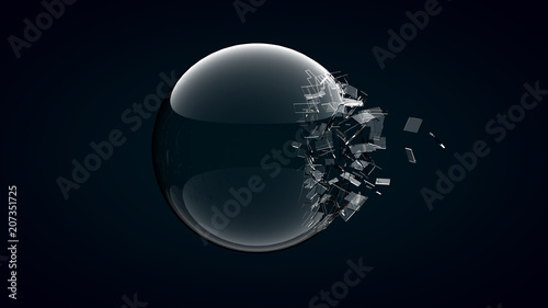 3D rendering broken glass sphere on dark background .