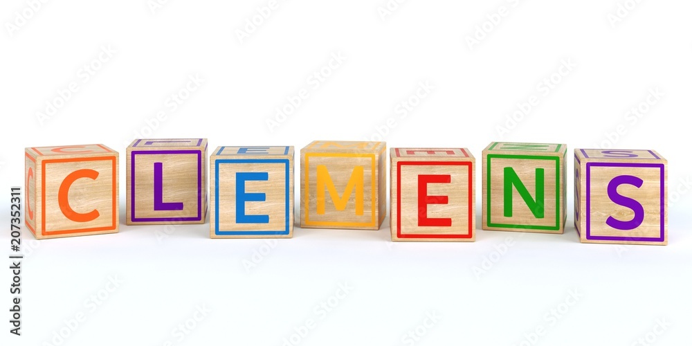 The name clemens written with Isolated wooden toy cubes The name clemens written with Isolated wooden toy cubes