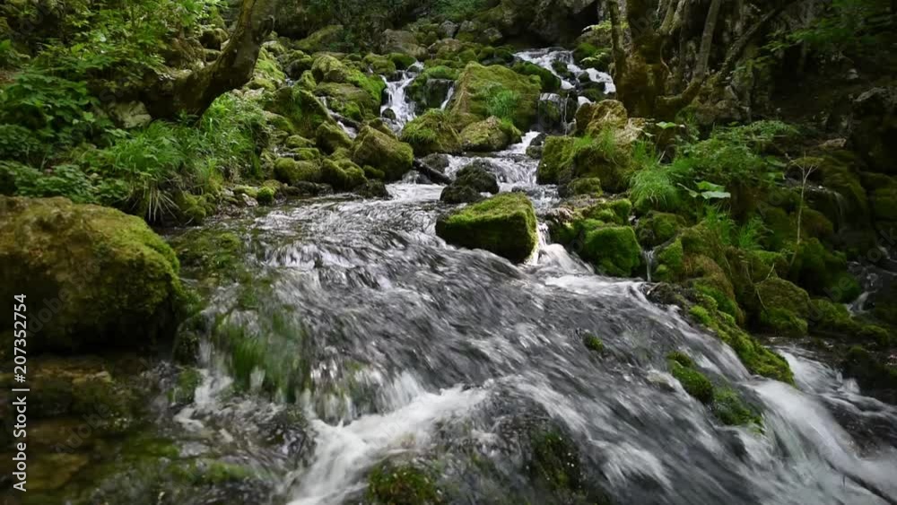 Fast and clear mountain river flowing over rocks covered with moss Fast and clear mountain river flowing over rocks covered with moss