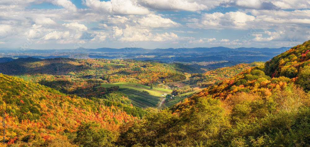 Autumn foliage of a farming valley taken from Grayson Highlands  Virginia State Park