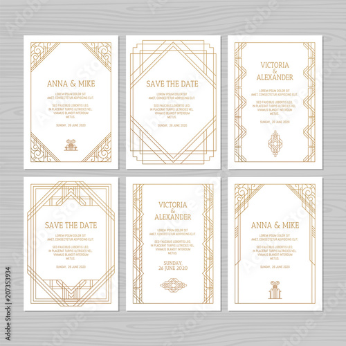 Luxury wedding invitation or greeting card with geometric ornament. Art Deco style. Paper envelope template. Wedding invitation envelope mock-up for laser cutting. Vector illustration.