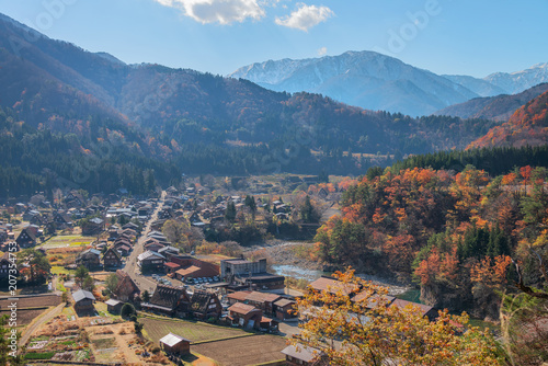 Shirakawago , beautiful village in the valley during autumn season.