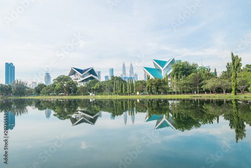 Beautiful morning view of the Kuala Lumpur skyline at Titwangsa Lake Gardens. photo